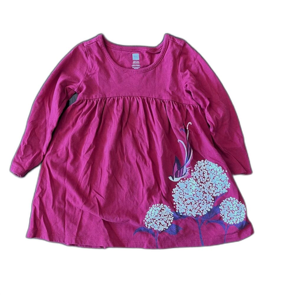 Tea Collection Girls 18-24M Raspberry Floral Bird Long Sleeve Cotton Dress